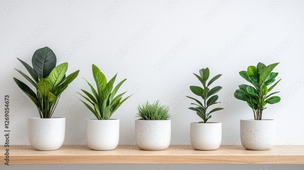 Fototapeta premium Five green potted houseplants arranged in a row on a wooden shelf against a white wall.