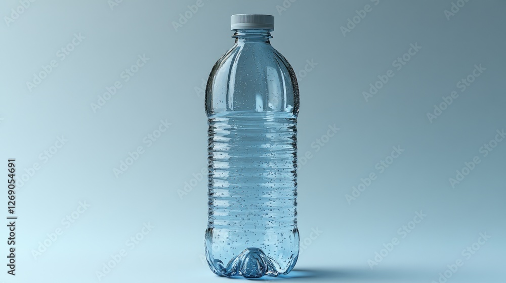 Clear plastic water bottle filled with refreshing water, set against a minimalist background Clear plastic water bottle filled with refreshing water, set against a minimalist background