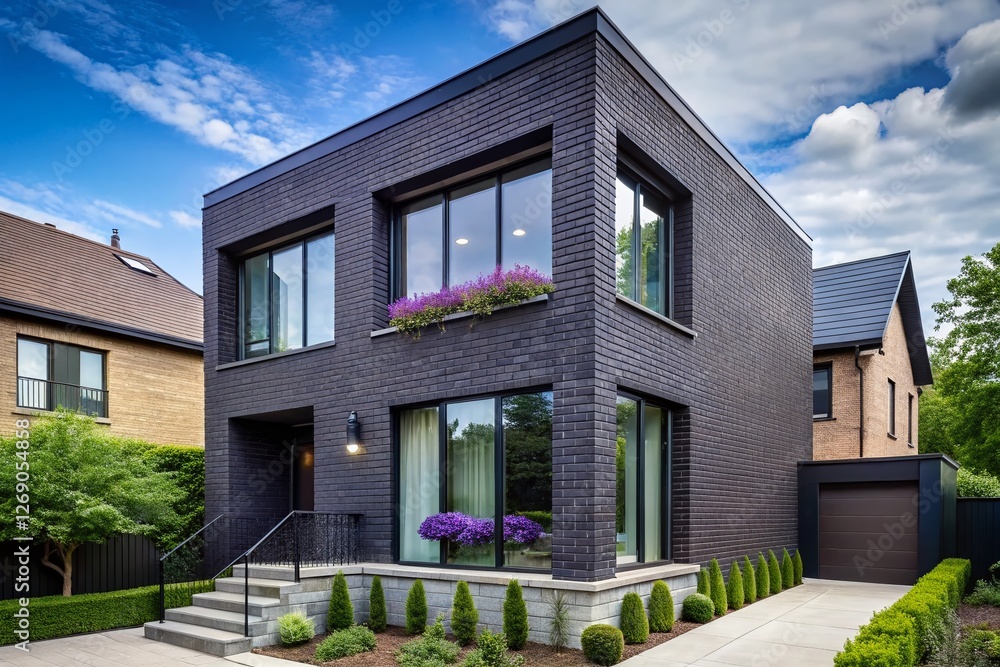 Minimalist Black Brick Chicago Home with Unique Lavender Glass Windows - Modern Architecture Stock Photo Minimalist Black Brick Chicago Home with Unique Lavender Glass Windows - Modern Architecture Stock Photo