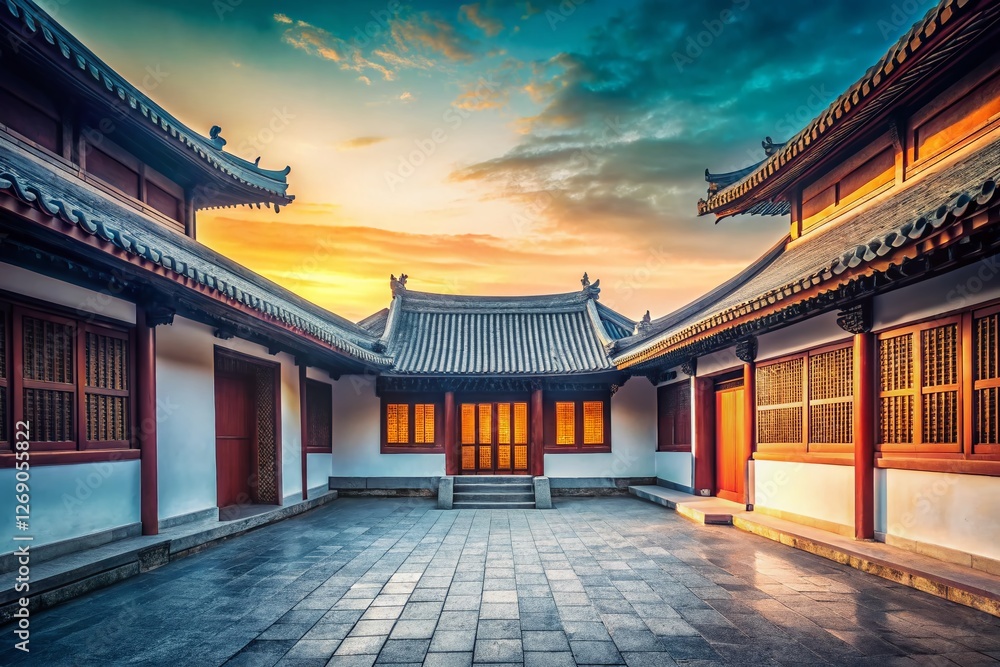 Fototapeta premium Minimalist Chinese Architecture: Serene Courtyard & Ancient Gable Roof