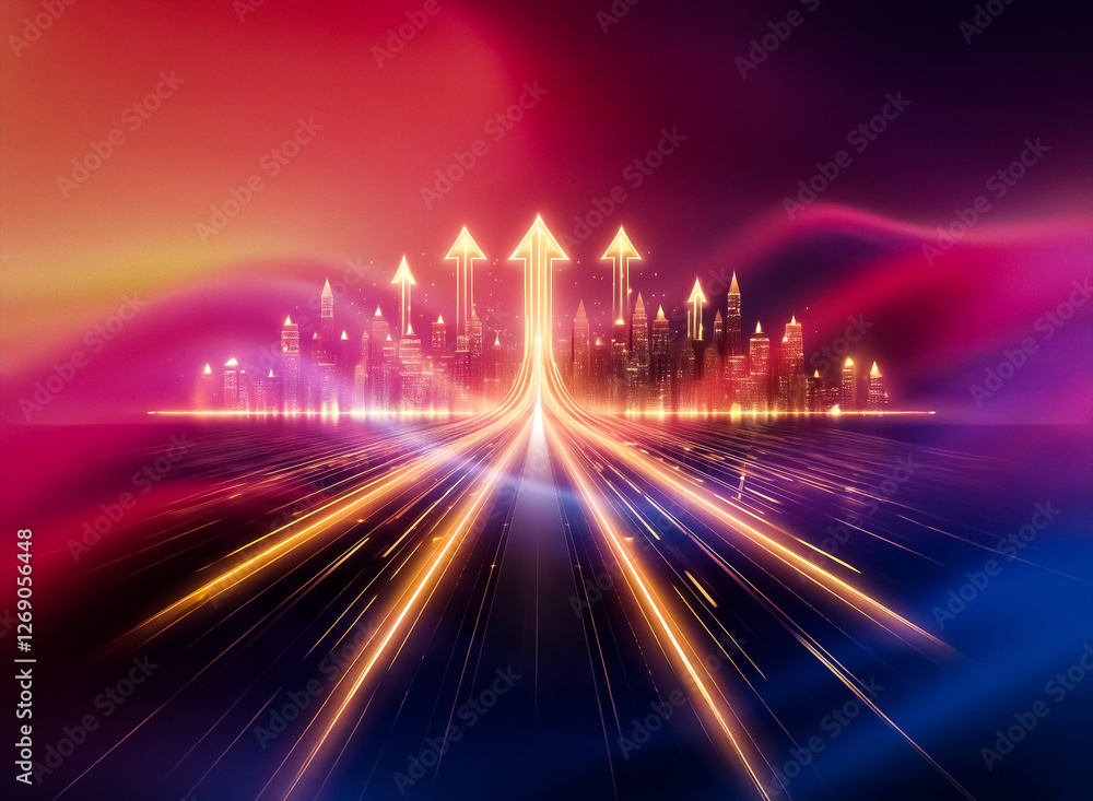 A glowing highway leads towards a city skyline with three golden arrows rising from the road. A glowing highway leads towards a city skyline with three golden arrows rising from the road.