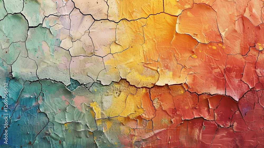 Fototapeta premium Abstract colorful cracked and weathered painted wall texture. Grunge background with vibrant colors.