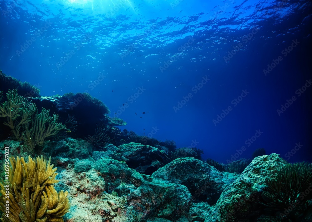 Fototapeta premium A realistic illustration of underwater rocks and coral reefs with light shining from the water surface.