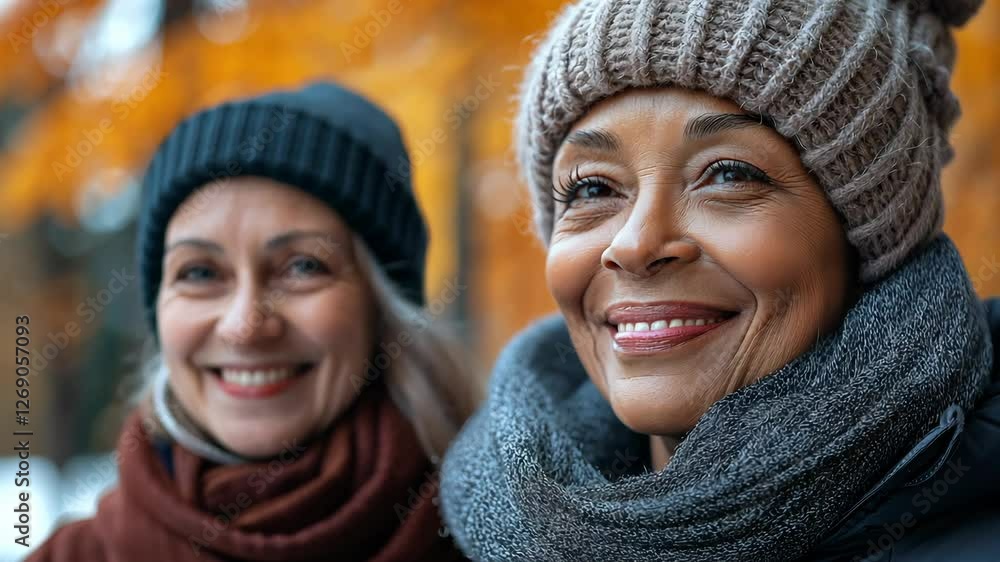 Two women wearing hats and scarves are smiling at the camera. Scene is warm and friendly Two women wearing hats and scarves are smiling at the camera. Scene is warm and friendly