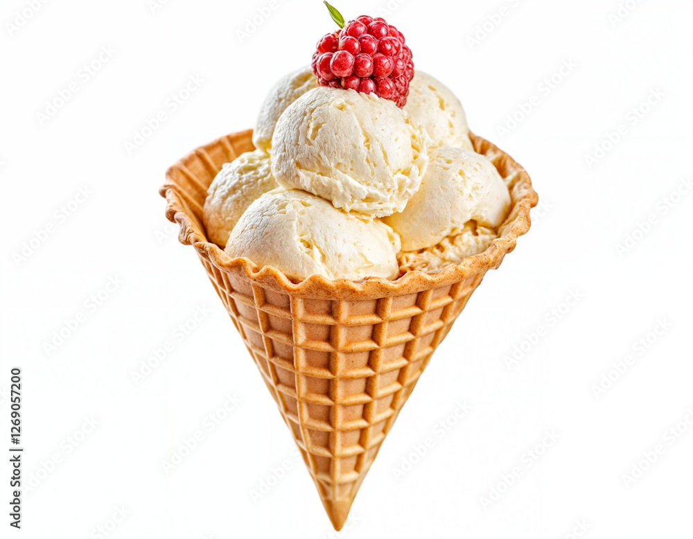ice cream in waffle cone isolated on white background, accurate clipping path embedded. ice cream in waffle cone isolated on white background, accurate clipping path embedded.