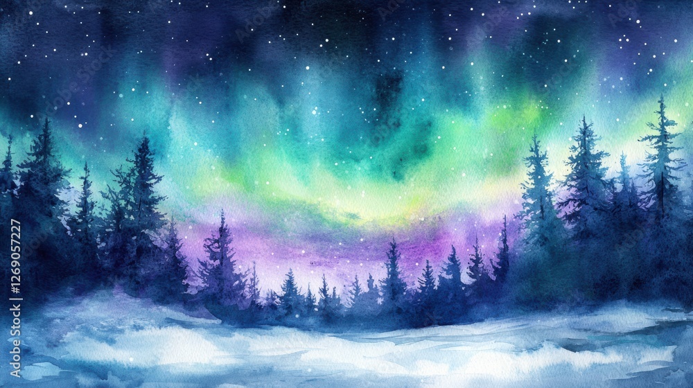 Fototapeta premium Colorful aurora borealis illuminates a winter landscape with dark silhouettes of pine trees at night. Generative AI