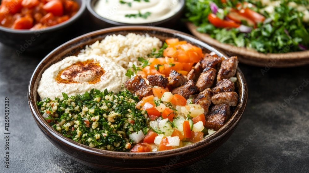 A beautifully arranged platter features kabsa, hummus, maqluba, and tabbouleh, highlighting vibrant colors and fresh ingredients. This enticing meal showcases traditional Middle Eastern cuisine A beautifully arranged platter features kabsa, hummus, maqluba, and tabbouleh, highlighting vibrant colors and fresh ingredients. This enticing meal showcases traditional Middle Eastern cuisine