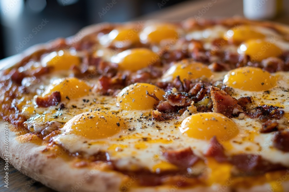 Close up of greasy pizza topped with eggs and bacon for a delicious treat in a lively restaurant setting. Generative AI Close up of greasy pizza topped with eggs and bacon for a delicious treat in a lively restaurant setting. Generative AI