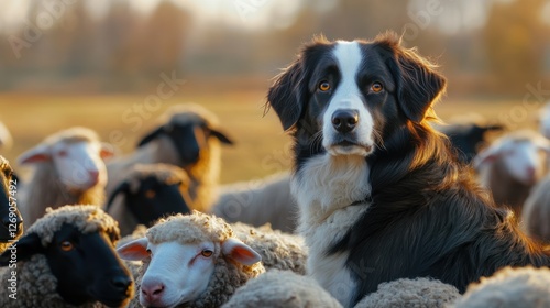 Sheepdog guarding flock at sunset.