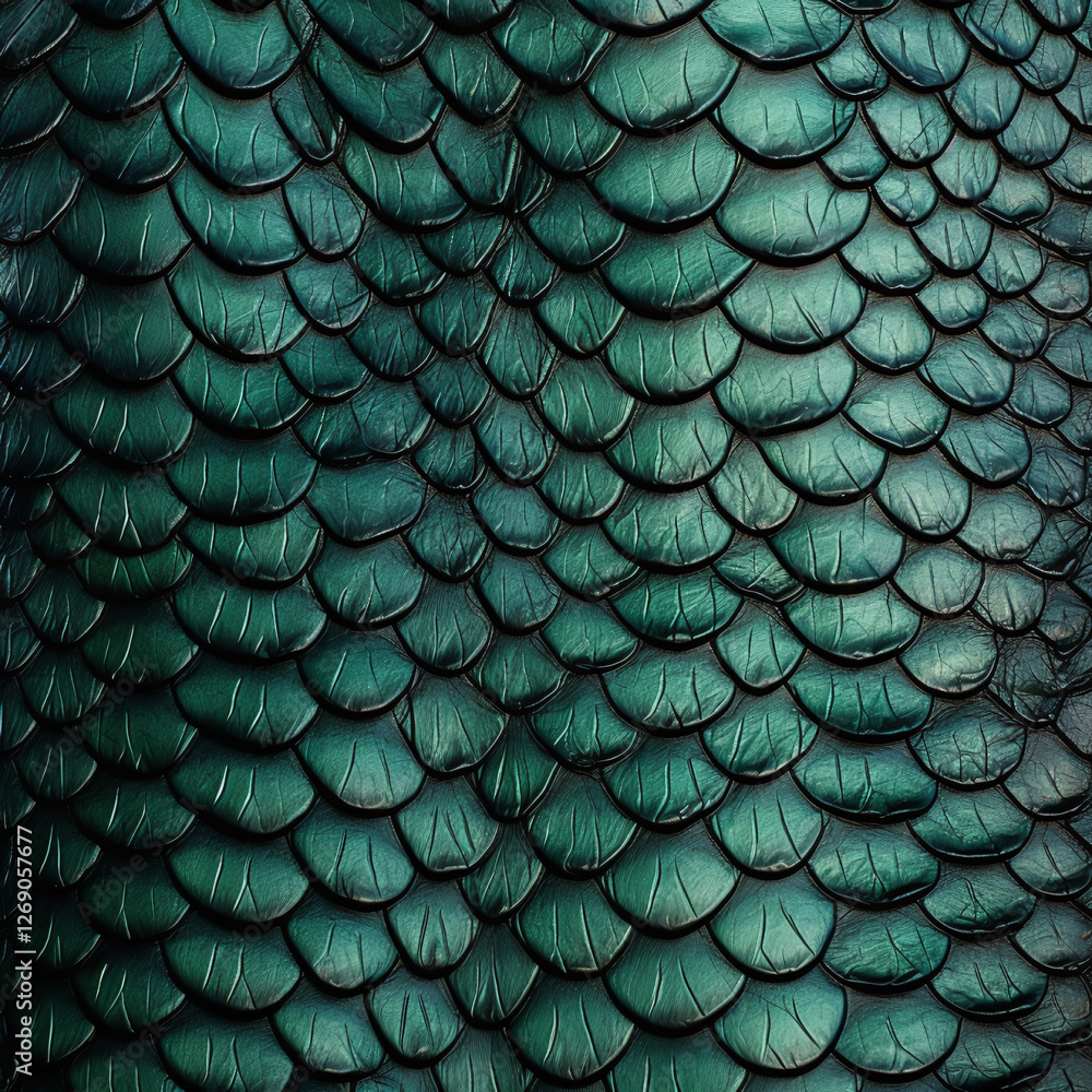 Obraz premium Close-up of green reptile scales texture with iridescent sheen. Animal print for fabric textile, fashion accessories, wallpaper, background, cover design