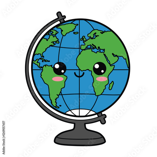 Cute globe clipart. This image shows a globe with a cute face, featuring large eyes, a smiling mouth, and blushing cheeks. Vector illustration design.