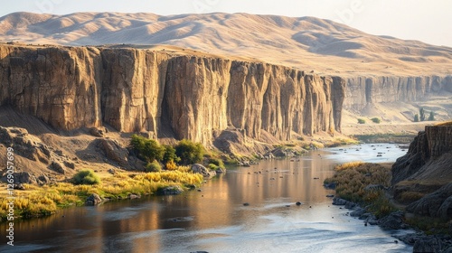 Desert canyon river reflecting golden light