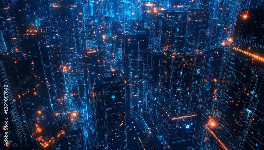 Naklejka premium Futuristic city data streams night aerial digital