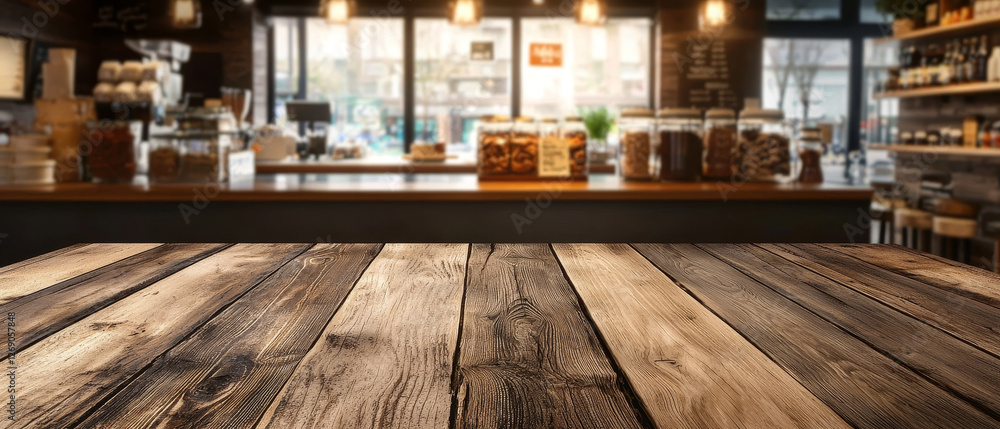 Fototapeta premium Rustic wooden table top; blurred cafe background