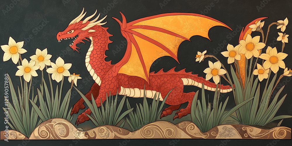Obraz premium Fiery red dragon among daffodils in mystical floral landscape