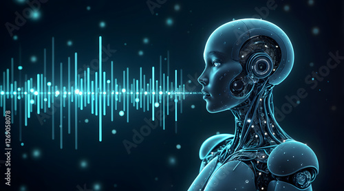 Futuristic AI voice agent generating sound waves in a digital space