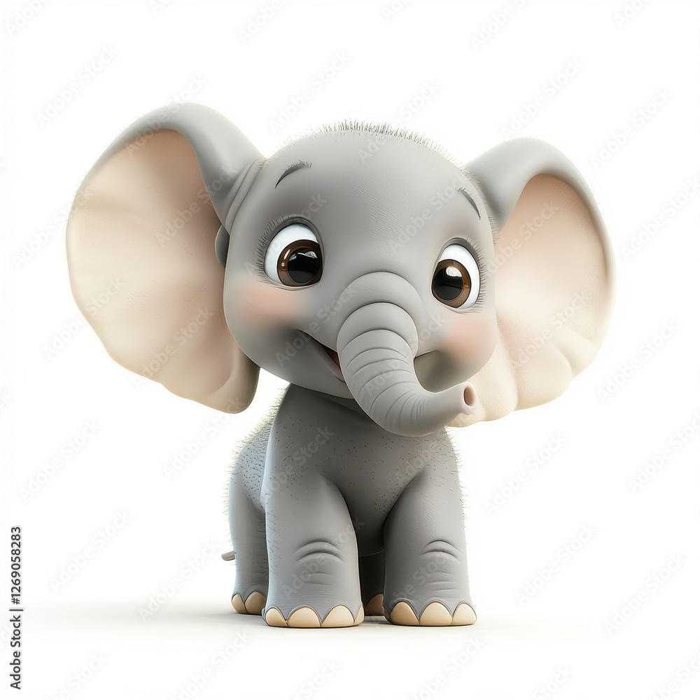 Naklejka premium Tiny smiling elephant with oversized ears, isolated on white