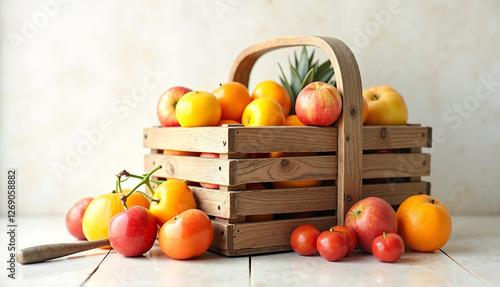 Wooden slatted garden trug filled with fresh fruits on a light surface, copy space photo