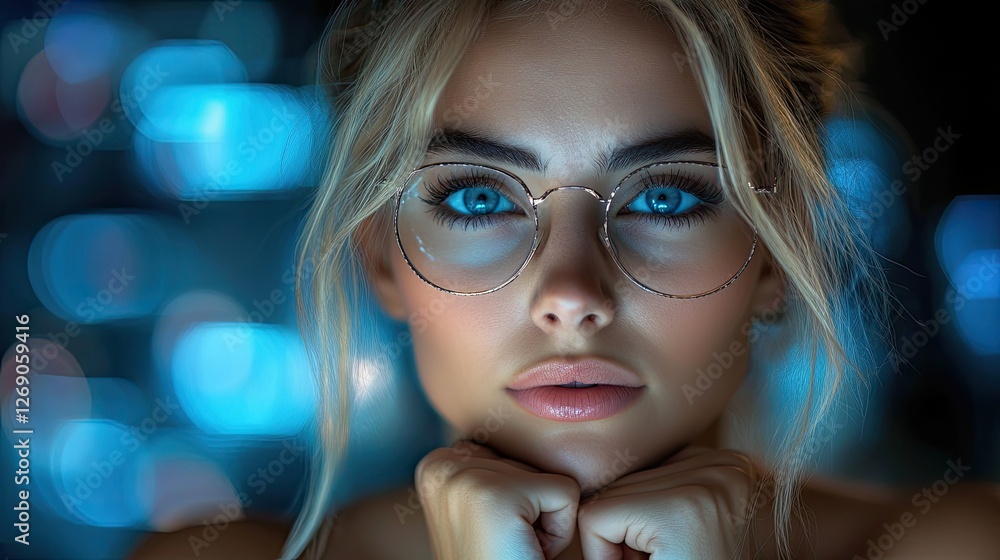 Close-up portrait of a young woman with glasses, deep blue eyes, and soft lighting, creating a dreamy atmosphere Close-up portrait of a young woman with glasses, deep blue eyes, and soft lighting, creating a dreamy atmosphere