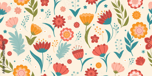 Wallpaper Mural Seamless pattern rectangular with vibrant stylized flowers and leaves in folk-art style on a light background. Vector illustration Torontodigital.ca