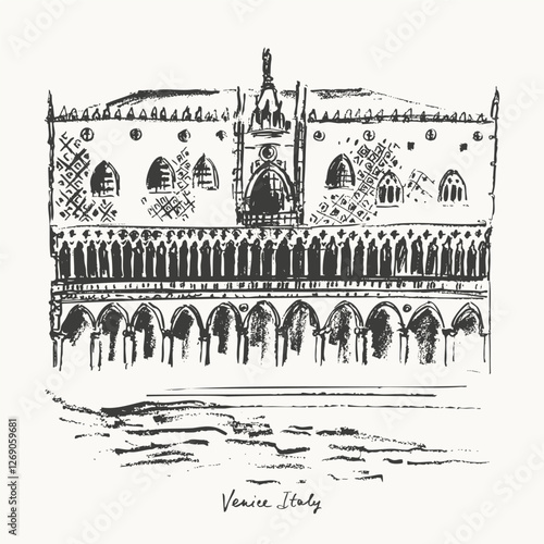 Hand drawn Venice architecture Doge's palace urban sketch. Black ink landscape line drawing of Italy ancient city building.