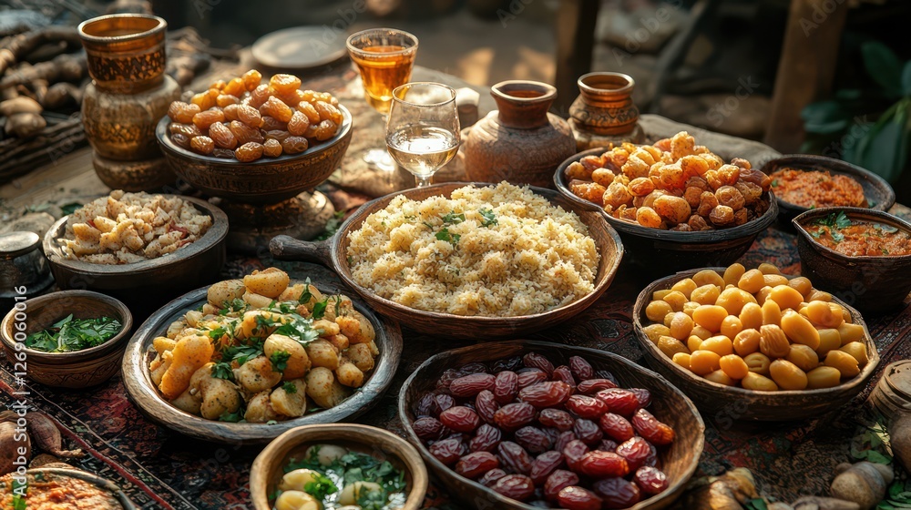 A festive Iftar meal with dates, water, and traditional dishes on a patterned tablecloth, bathed in warm golden light. A festive Iftar meal with dates, water, and traditional dishes on a patterned tablecloth, bathed in warm golden light.