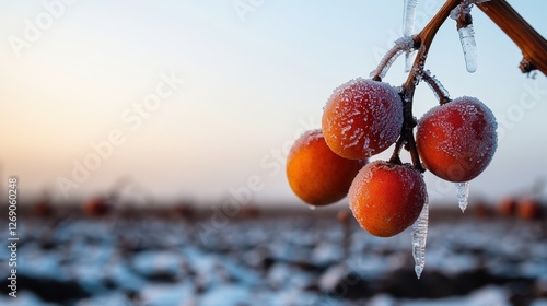 Frost Damage to Agriculture Concept, Frost-Bitten Fruit Hanging from Icy Vines in a Barren Landscape at Dusk