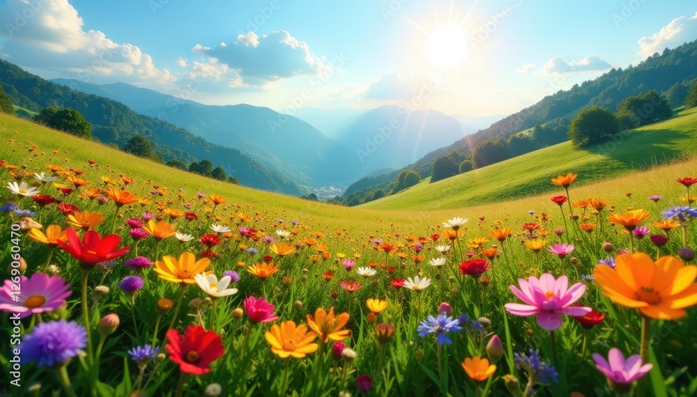 Fototapeta premium Vibrant wildflowers carpet sun-drenched hills , purple, travel, europe