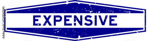 Grunge blue expensive word hexagon rubber seal stamp on white background