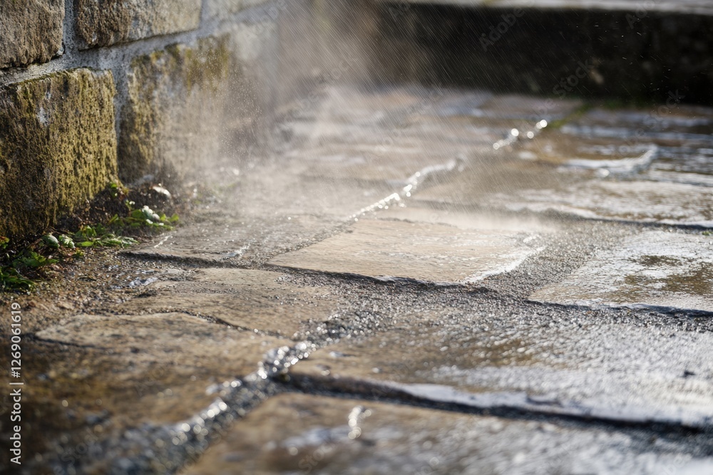 Close up view of dirt and grime being removed from stone pavement with steam rising from water. Generative AI Close up view of dirt and grime being removed from stone pavement with steam rising from water. Generative AI
