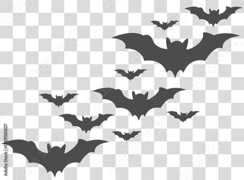 Bats flying in a night sky over a cityscape during dusk with a clear background