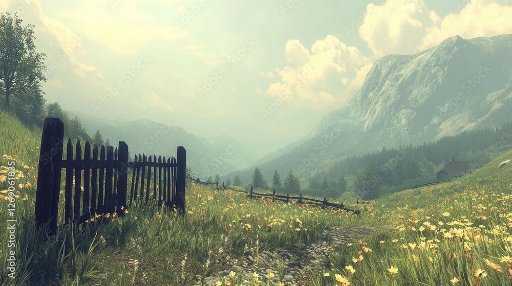Obraz premium Alpine meadow with wooden fence, mountain vista, tranquil scene
