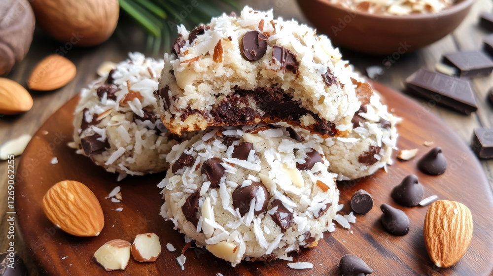 Fototapeta premium Delicious coconut almond cookies piled on a wooden platter with chocolate chips and nuts enhancing the presentation