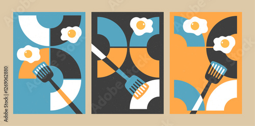 Food art poster set. Abstract omelet cooking design. Restaurant kitchen menu cartoon vector templates