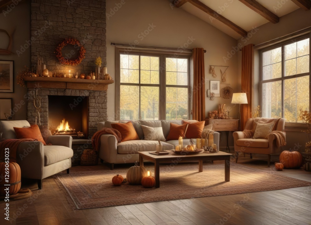 Fototapeta premium Cozy living room with fall decorations and warm lighting, autumn, warm lighting