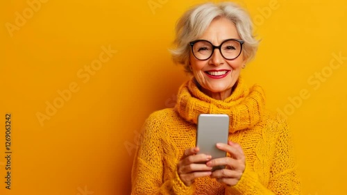 Wallpaper Mural Smiling senior woman using smartphone on yellow background Torontodigital.ca