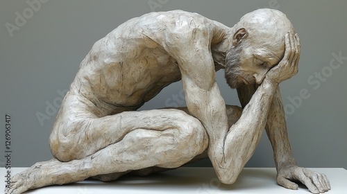 Detailed sculpture of a man kneeling on a table with emotional expression and artistic lines photo