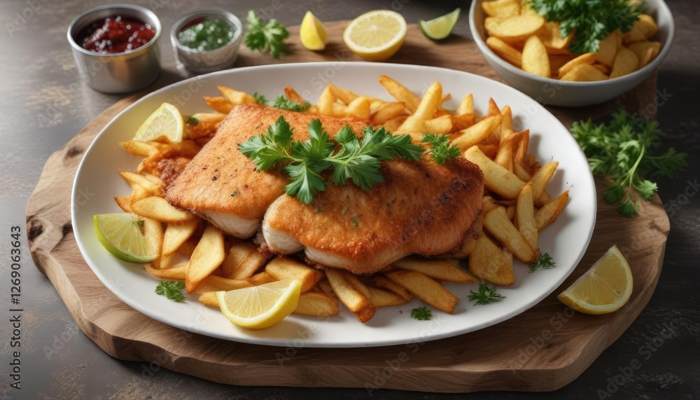 Crispy fried fish served with golden brown chips and topped with a sprig of fresh parsley, fresh parsley, seafood lunch Crispy fried fish served with golden brown chips and topped with a sprig of fresh parsley, fresh parsley, seafood lunch