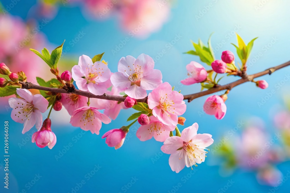 Obraz premium Minimalist Spring Cherry Blossom Branch, Blue Sky Background, Copy Space