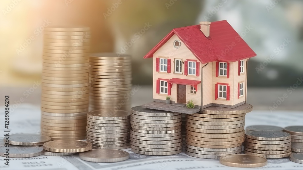 Home Sweet Investment: A miniature house, symbolizing dreams of homeownership, sits atop a tower of gleaming coins, highlighting the financial aspect of real estate. Home Sweet Investment: A miniature house, symbolizing dreams of homeownership, sits atop a tower of gleaming coins, highlighting the financial aspect of real estate.
