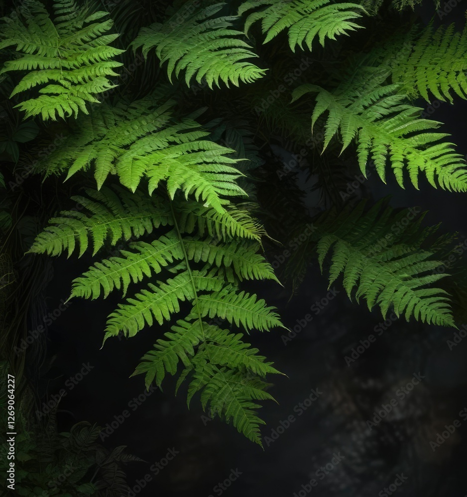 Dark background with a large bright green fern leaf and fern roots, trees, natural Dark background with a large bright green fern leaf and fern roots, trees, natural