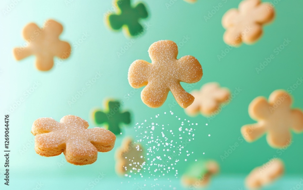 Shamrock-shaped cookies flying with sugar sprinkles on pastel background Shamrock-shaped cookies flying with sugar sprinkles on pastel background