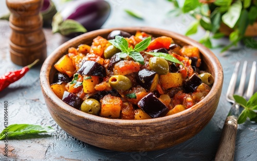 Sicilian caponata with eggplant and olives on a pastel background