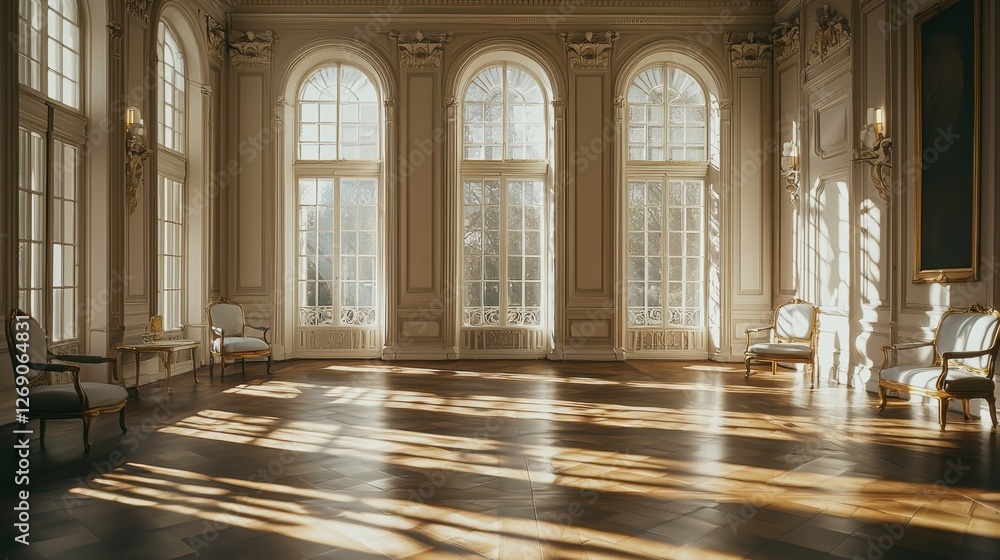 Fototapeta premium Elegant interior space with large windows casting shadows on polished wooden floor during afternoon light