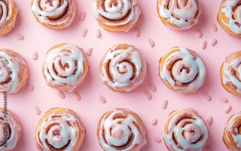 Soft and fluffy cinnamon rolls with icing on a pastel background Soft and fluffy cinnamon rolls with icing on a pastel background