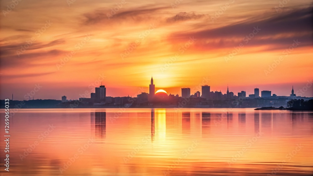 Naklejka premium Minimalist Sunset Helsinki Skyline & Valkosaari Island, Finland