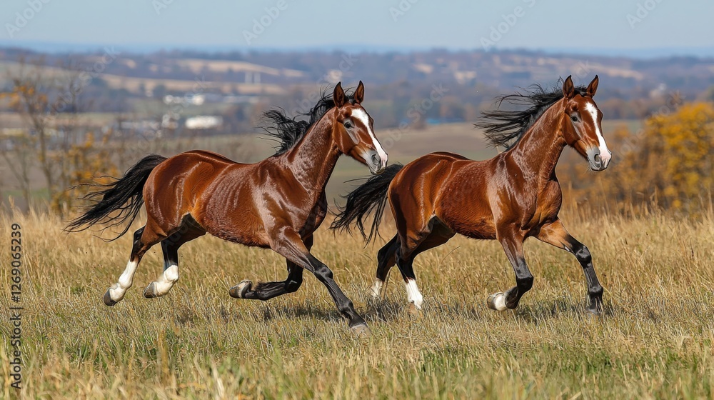 Two Majestic Horses Galloping in Scenic Autumn Landscape Two Majestic Horses Galloping in Scenic Autumn Landscape