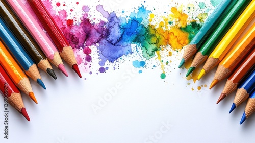 Colorful arrangement of pencils creating a vibrant splash of paint on a blank canvas, ideal for art projects photo