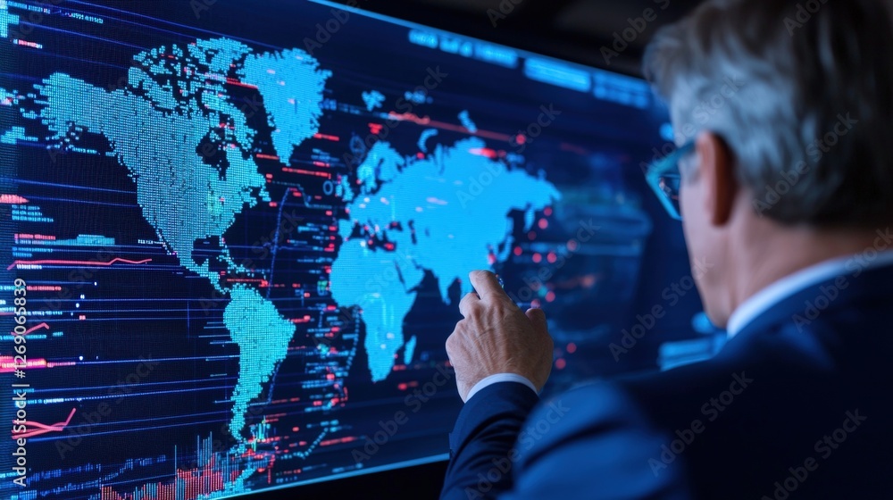 A business professional interacts with a digital world map on a screen, highlighting data visualization and technology in a modern workspace. A business professional interacts with a digital world map on a screen, highlighting data visualization and technology in a modern workspace.