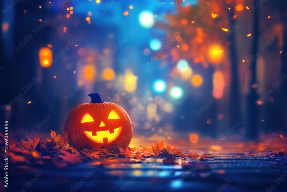 Spooky Glow of a Halloween Pumpkin Surrounded by Autumn Leaves in a Mysterious Street at Night with Colorful Lights and Bokeh Effect Spooky Glow of a Halloween Pumpkin Surrounded by Autumn Leaves in a Mysterious Street at Night with Colorful Lights and Bokeh Effect